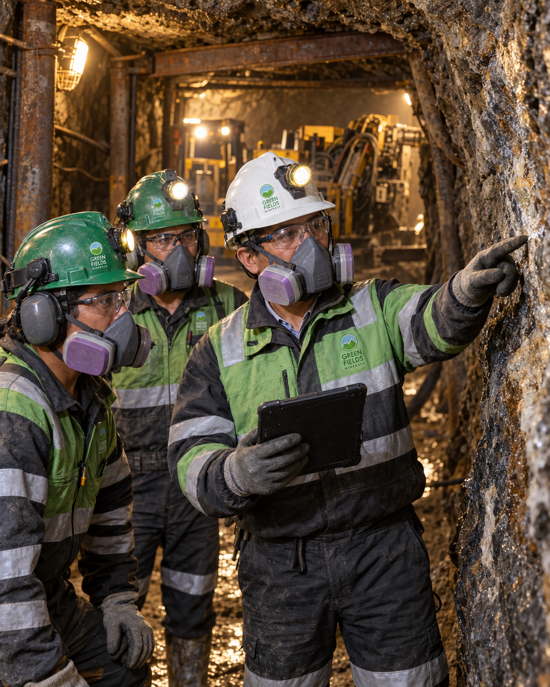 Equipo minero con EPP realizando verificación de seguridad y operación