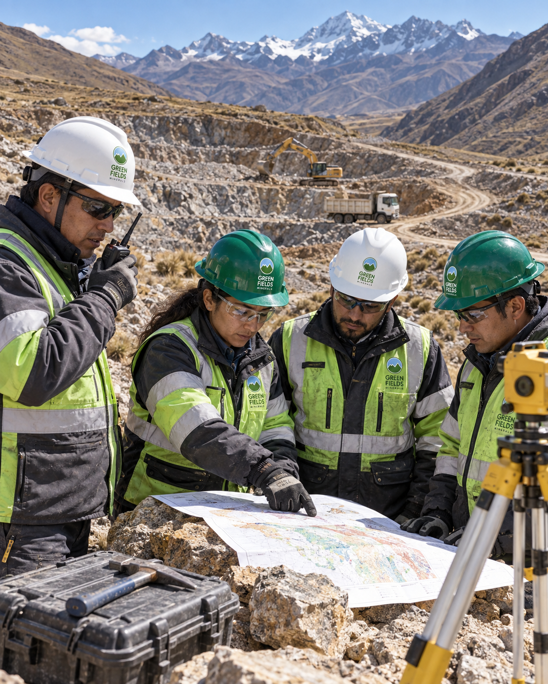 Equipo de Greenfields Minerals revisando un plano de operación minera en campo